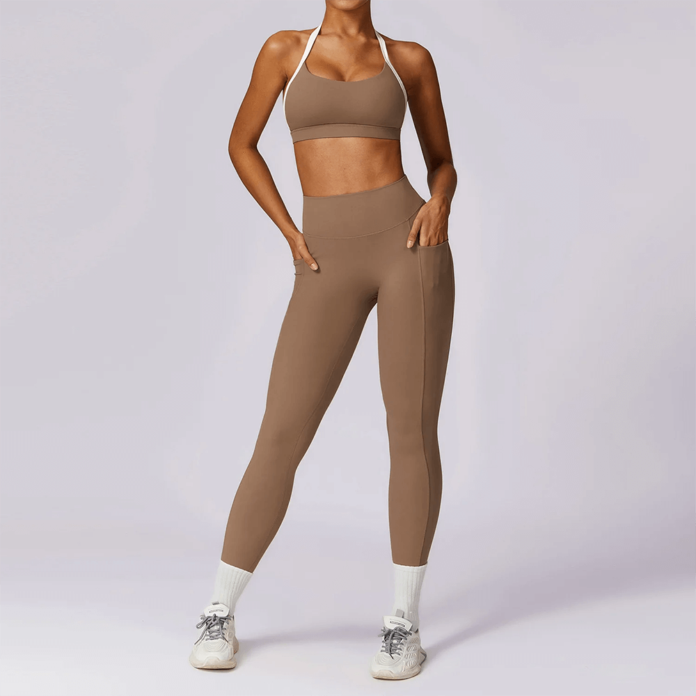Women's Yoga Set SF2374 - Sleeveless top and leggings in brown, perfect for fitness. High-waist design, durable nylon-spandex blend.